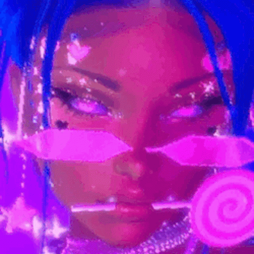 A Girl With Blue Hair Is Holding A Pink Lollipop . GIF