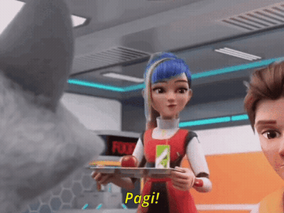 A Girl With Blue Hair Is Holding A Plate Of Food And Says " Pagi " GIF
