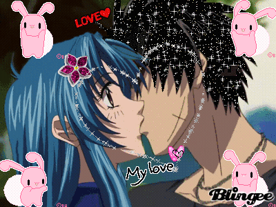 A Girl With Blue Hair Is Kissing A Boy With Black Hair With The Words " My Love " On The Bottom GIF