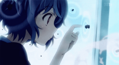 A Girl With Blue Hair Is Looking At A Black Bug On Her Finger GIF