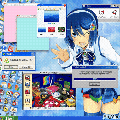 A Girl With Blue Hair Is On A Computer Screen With A Ticket To Hell Message GIF
