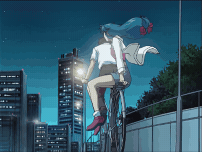 A Girl With Blue Hair Is Riding A Bike With A Man Behind Her GIF