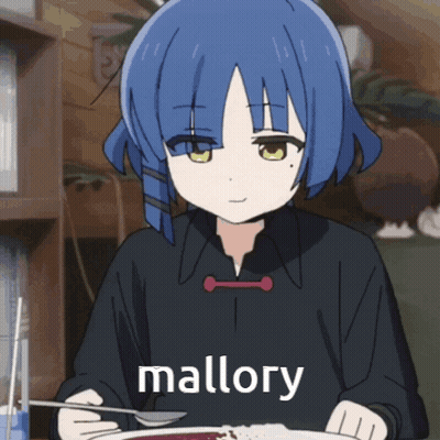 A Girl With Blue Hair Is Sitting At A Table With A Plate Of Food And The Word Mallory On The Bottom Right GIF