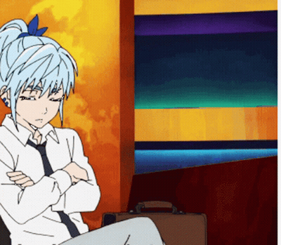 A Girl With Blue Hair Is Sitting In Front Of A Wall With A Briefcase GIF