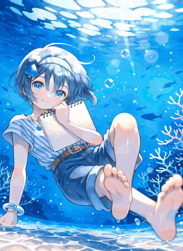 A Girl With Blue Hair Is Sitting In The Water With A Notebook GIF