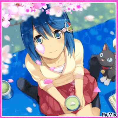 A Girl With Blue Hair Is Sitting On A Blue Couch With A Black Cat And Flowers In The Background GIF