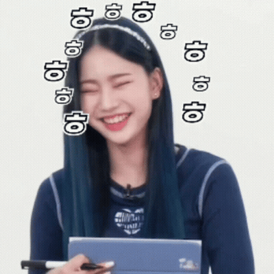 A Girl With Blue Hair Is Smiling And Holding A Tablet GIF