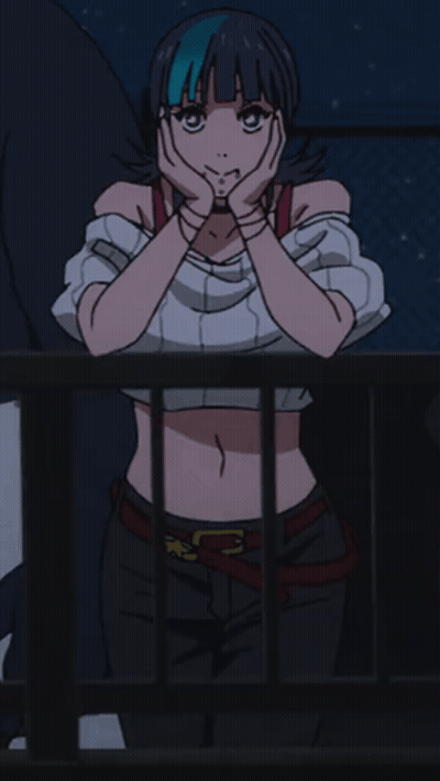 A Girl With Blue Hair Is Standing Behind A Fence With Her Hands On Her Face GIF
