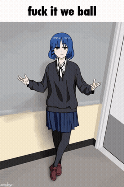 A Girl With Blue Hair Is Standing In A Hallway With The Words Fuck It We Ball GIF