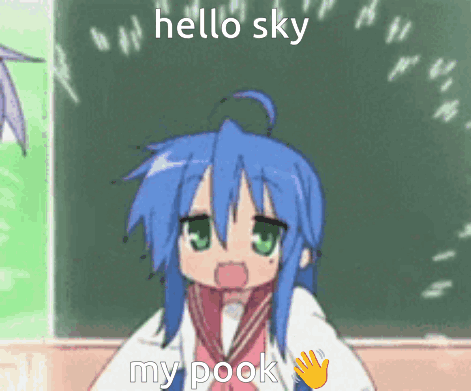 A Girl With Blue Hair Is Standing In Front Of A Blackboard With The Words Hello Sky My Pook GIF