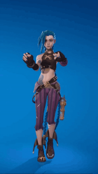 A Girl With Blue Hair Is Standing In Front Of A Blue Background Holding A Gun GIF