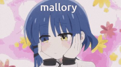 A Girl With Blue Hair Is Standing In Front Of Stairs And The Word Mallory Is On Her Head GIF