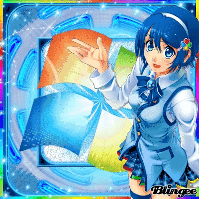 A Girl With Blue Hair Is Standing In Front Of The Windows Logo GIF