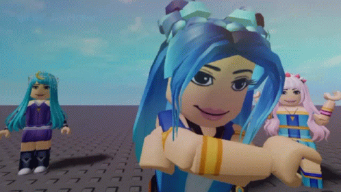 A Girl With Blue Hair Is Standing In Front Of Two Other Girls GIF