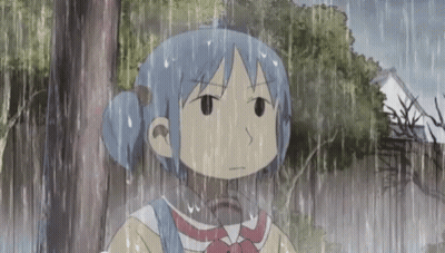 A Girl With Blue Hair Is Standing In The Rain With Trees In The Background GIF