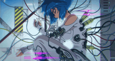 A Girl With Blue Hair Is Surrounded By Wires And A Sign That Says Ii GIF
