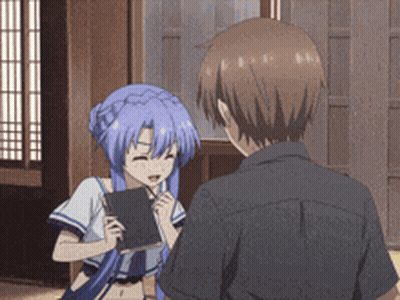 A Girl With Blue Hair Is Talking To A Man GIF
