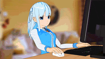 A Girl With Blue Hair Is Using A Computer GIF