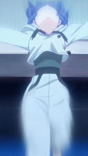 A Girl With Blue Hair Is Wearing A White Hoodie And White Pants . GIF
