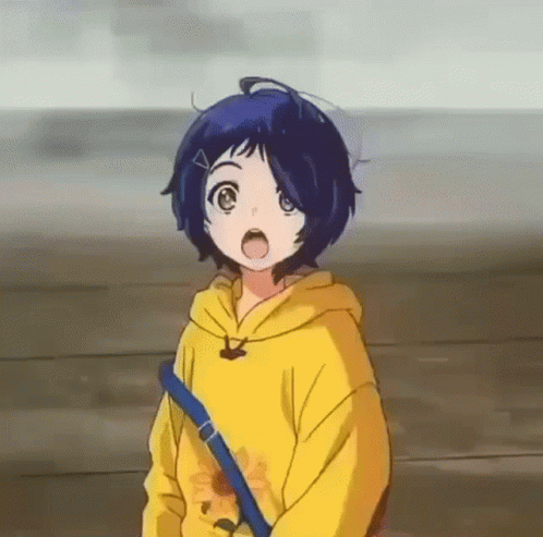 A Girl With Blue Hair Is Wearing A Yellow Hoodie And A Blue Shoulder Strap . GIF