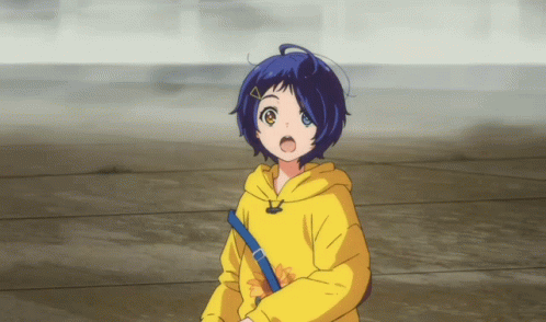 A Girl With Blue Hair Is Wearing A Yellow Hoodie And A Blue Strap GIF