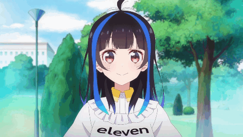 A Girl With Blue Hair Is Wearing An Eleven Sweater GIF