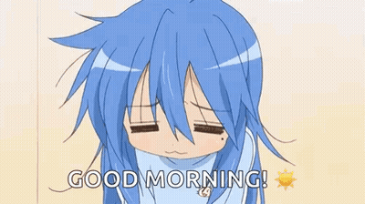 A Girl With Blue Hair Is Yawning And Says `` Good Morning '' . GIF