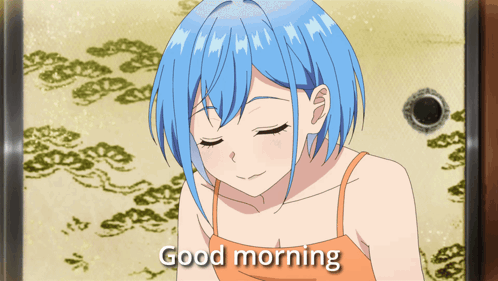 A Girl With Blue Hair Says Good Morning In A Cartoon GIF