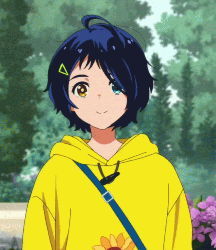 A Girl With Blue Hair Wearing A Yellow Hoodie With A Sunflower On It GIF