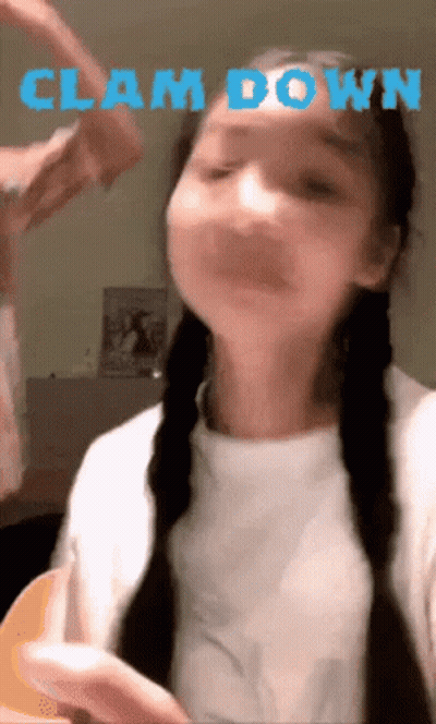 A Girl With Braids Is Making A Face With The Words Clam Down Above Her GIF