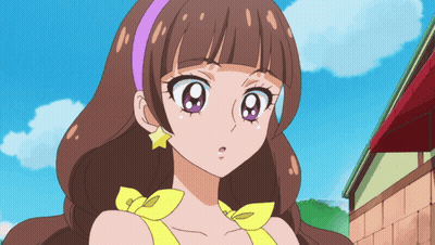 A Girl With Brown Hair And Purple Eyes Is Wearing A Yellow Dress GIF