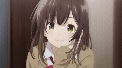 A Girl With Brown Hair And Yellow Eyes Is Wearing A School Uniform And Tie GIF