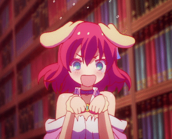 A Girl With Bunny Ears Is Standing In Front Of A Bookcase GIF