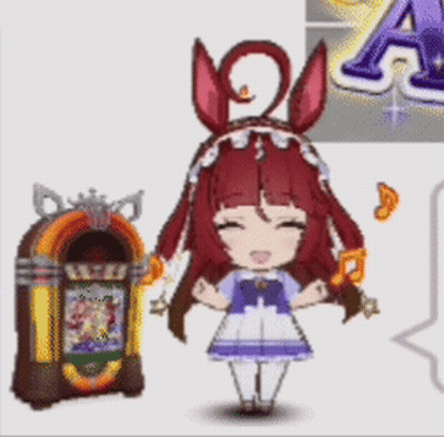 A Girl With Bunny Ears Is Standing Next To A Jukebox .. GIF