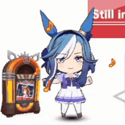 A Girl With Bunny Ears Is Standing Next To A Jukebox And A Sign That Says Still In . GIF
