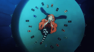 A Girl With Bunny Ears Is Surrounded By Playing Cards Including One That Says ' Sd ' On It GIF