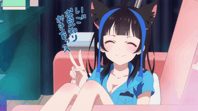 A Girl With Cat Ears And A Blue Headband Is Giving A Peace Sign GIF