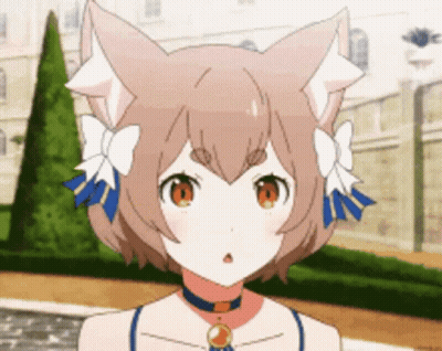A Girl With Cat Ears And A Bow On Her Head Is Standing In Front Of A Building . GIF