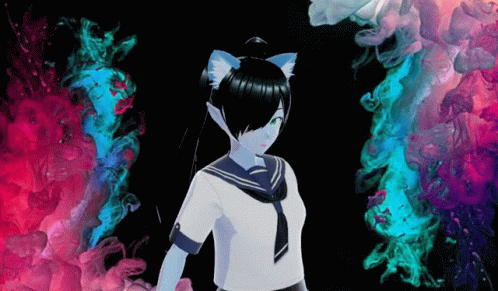 A Girl With Cat Ears And Green Eyes Is Standing In Front Of A Colorful Background GIF