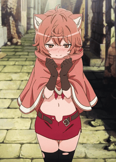 A Girl With Cat Ears Is Wearing A Pink Cape And Red Shorts GIF