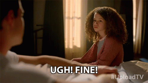 A Girl With Curly Hair Is Sitting On A Bed With A Caption That Says Ugh Fine GIF