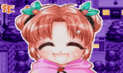 A Girl With Flowers In Her Hair Is Smiling In Front Of A Purple Background GIF