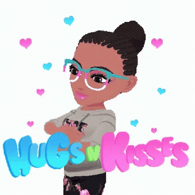 A Girl With Glasses And A Bun Is Surrounded By Hearts And The Word Hugs And Kisses GIF