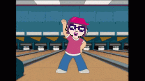 A Girl With Glasses And A Pink Hat Is Standing In A Bowling Alley With Her Fist In The Air GIF