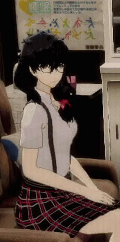 A Girl With Glasses And A Plaid Skirt Is Sitting In Front Of A Sign That Says ' A ' On It GIF