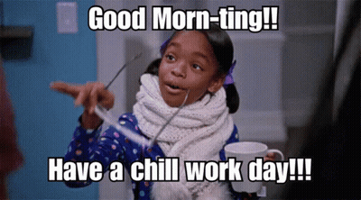 A Girl With Glasses And A Scarf Says Good Morn-Ting Have A Chill Work Day !!! GIF