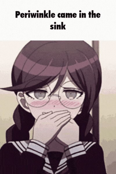 A Girl With Glasses Covering Her Mouth With Her Hands And The Words Periwinkle Came In The Sink Below Her GIF