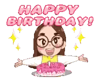 A Girl With Glasses Is Holding A Birthday Cake And Says Happy Birthday . Sticker