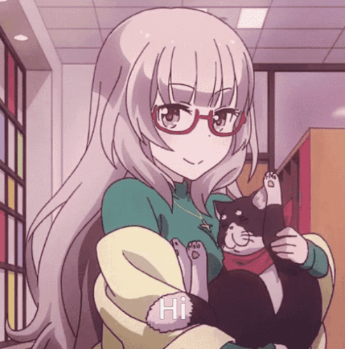 A Girl With Glasses Is Holding A Black Cat And The Word Hi Is On Her Arm GIF