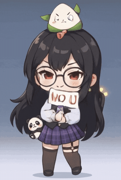A Girl With Glasses Is Holding A Sign That Says " No U " GIF